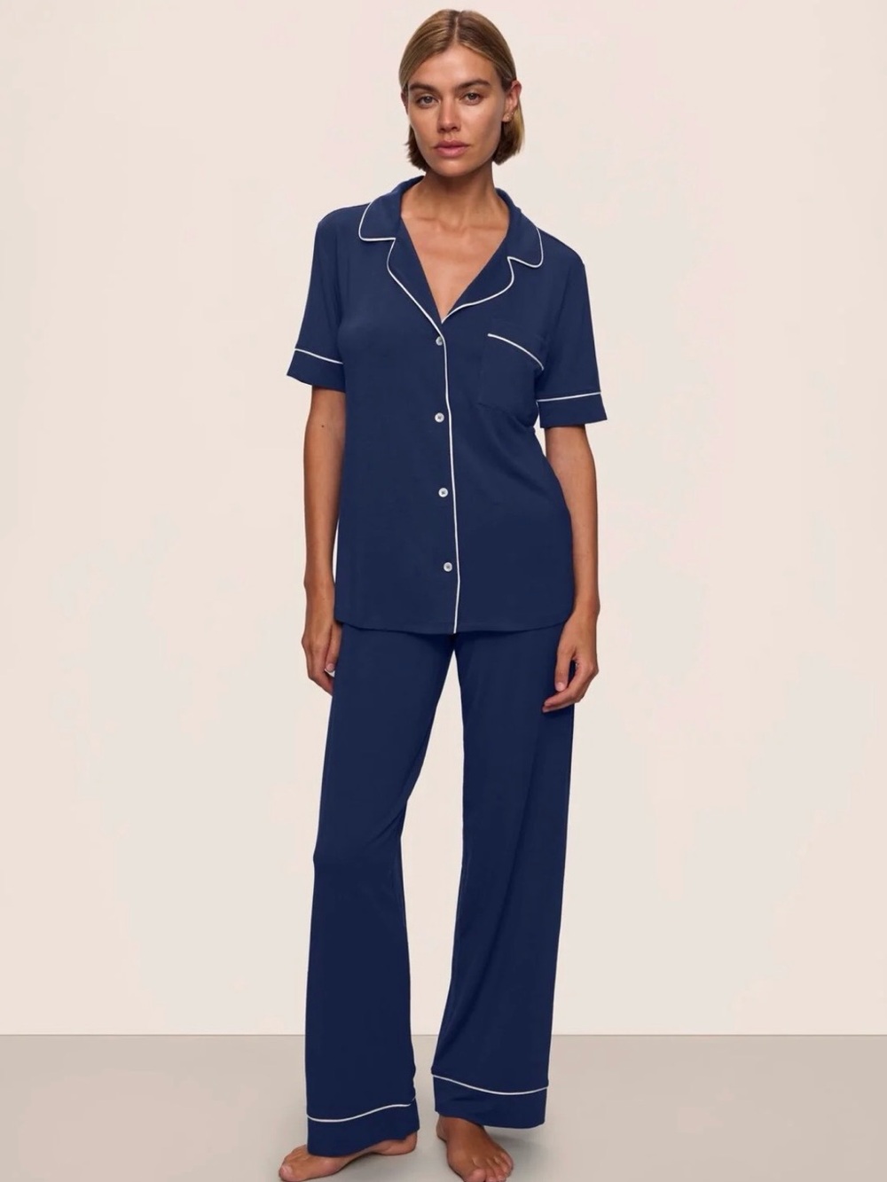 Eberjey Gisele Short Sleeve Top and Pant PJ Set, Size Medium, Navy/Ivory